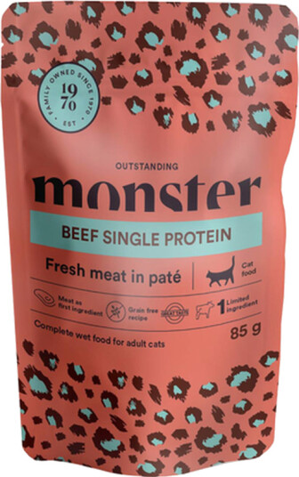 Monster Pet Food Kattemat Våtfôr med storfekjøtt 85 g x 8 porsjonsposer