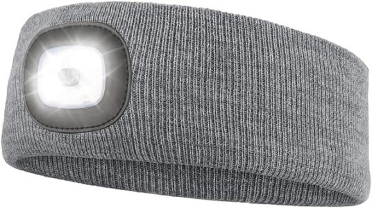 Sportpannebånd med LED-lys, USB-oppladbar hodelykt for utendørs synlighet, 4 LED-lys, Grå