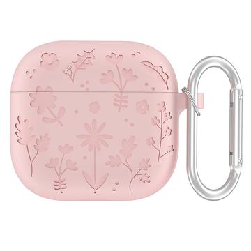 AirPods 4 Etui i flytende silikon med karabinkrok og blomstermønster   Lys rosa