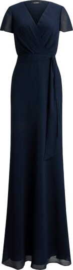 Lauren Ralph Lauren Belted Crinkle Georgette Gown Navy 32