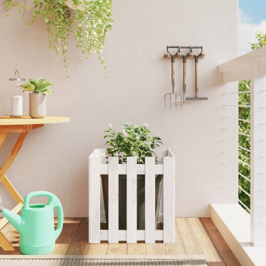 Plantekasse med gjerdedesign hvit 50x50x50 cm heltre furu