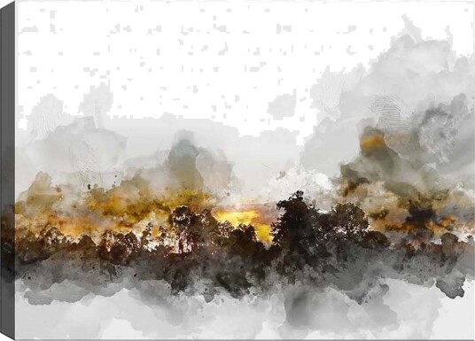 Lerretsbilde Atmosfærisk landskapsbilde med silhuetter av trær mot en dramatisk himmel Grå / Brun / Svart