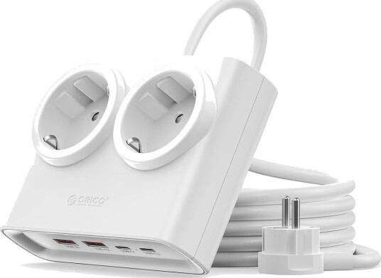 Orico PDC25 25 W 6-i-1 stikkontaktblokk 2x vekselstrøm + 2x USB-A + 2x USB-C – hvit