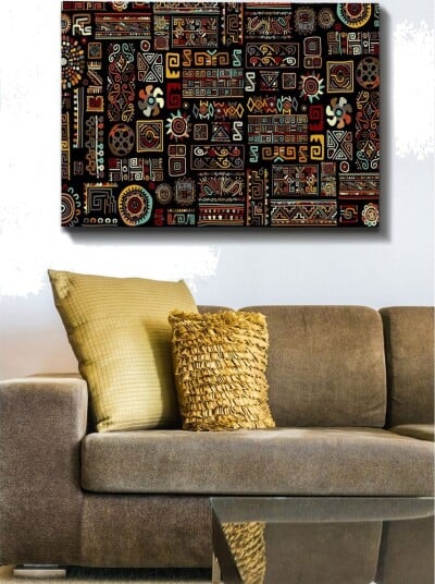 Lerretsbilde 70x100 cm Et fargerikt geometrisk mønster med symbolske elementer Svart / Rød / Gul