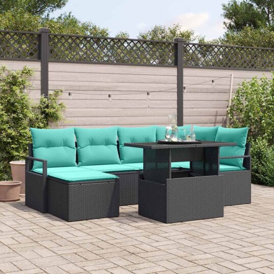 vidaXL Hagesofa Set 7 stk. Svart og Blå Poly rattan