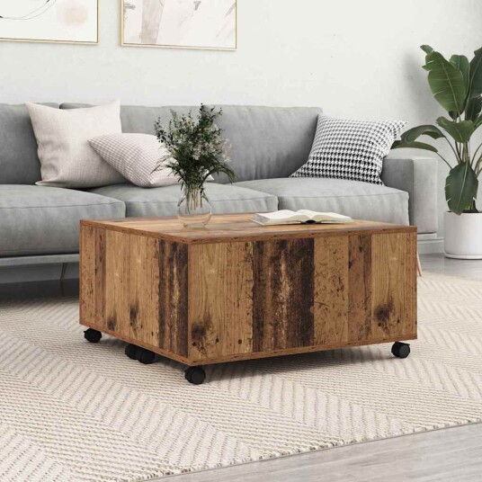 Kaffebord med hjul med lagring Gammel tre 75 x 75 x 38 cm Konstruert tre