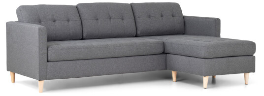 Marino sofa, sjeselong høyre eller venstrevent i stoff lys grå, med treben.