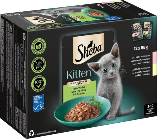 Sheba våtfôr Kitten i saus porsjonsposer Fint mangfold i saus laks kylling 12 x 85 g