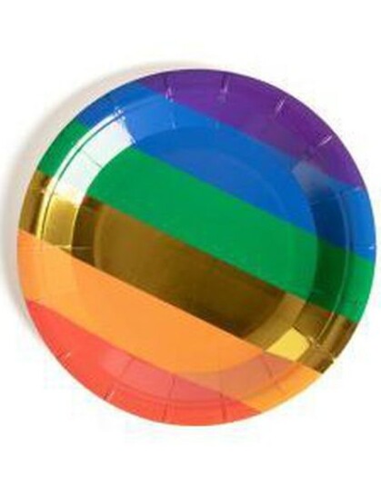 10 stk Regnbuefargede Papptallerkener med Foliert Gullstripe 23 cm Golden Rainbow