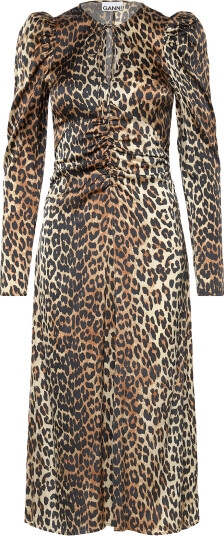 GANNI Print Satin Ruched Midi Dress   Multi/patterned   34