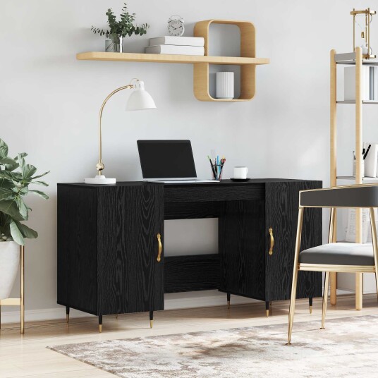 Skrivebord med hylle Svart eik 140 x 50 x 75 cm Konstruert tre