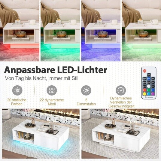 LED Sofabord med fjernkontroll blank hvit 95x55x31 cm