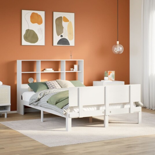 Seng med bokhylle uten madrass hvit 120x190 cm heltre furu