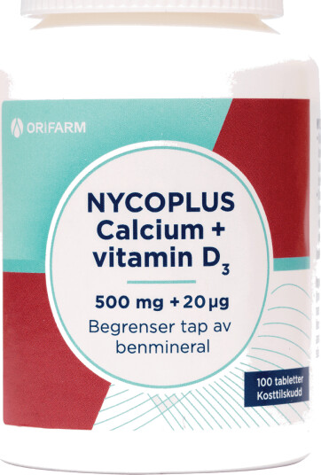 Nycoplus Calcium 500 mg + vitamin D3 20 µg tabletter 100 stk. Nycoplus Calcium 500 mg + vitamin D3 20 µg tabletter 100 stk.