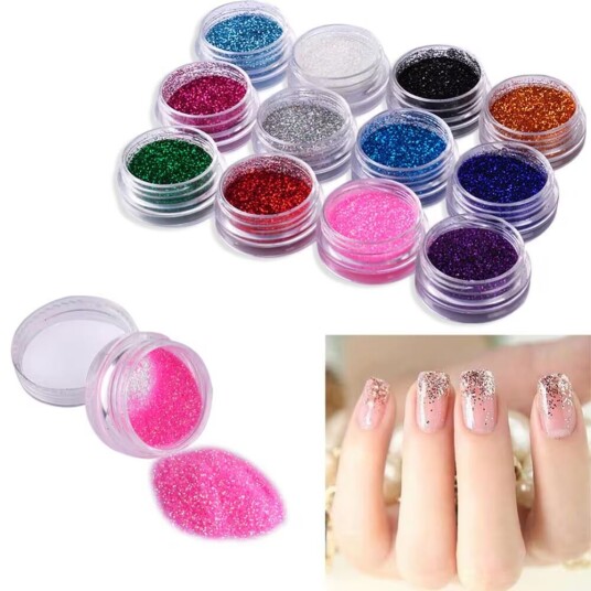 Otego 12st burkar glitter för nageldekoration