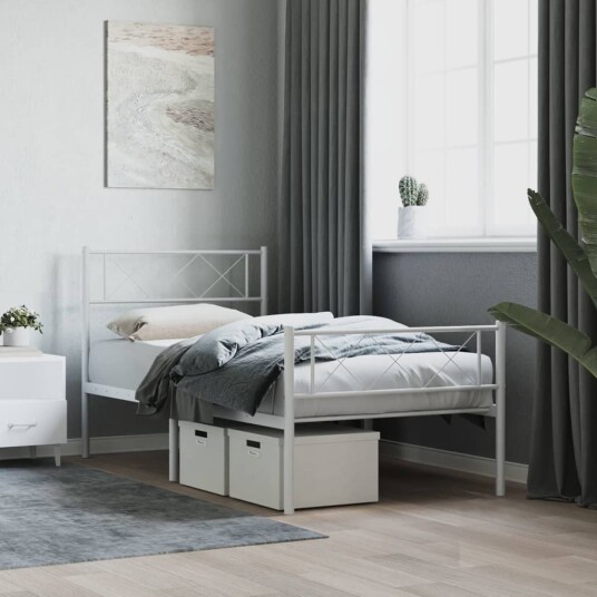 vidaXL Sengeramme i metall med hode- og fotgavl hvit 107x203 cm 8721012191198