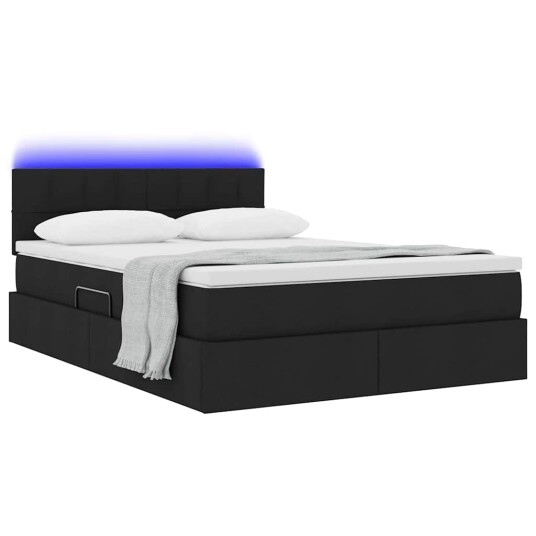 Seng med lagring og LED med madrass Svart 140 x 190 cm stoff