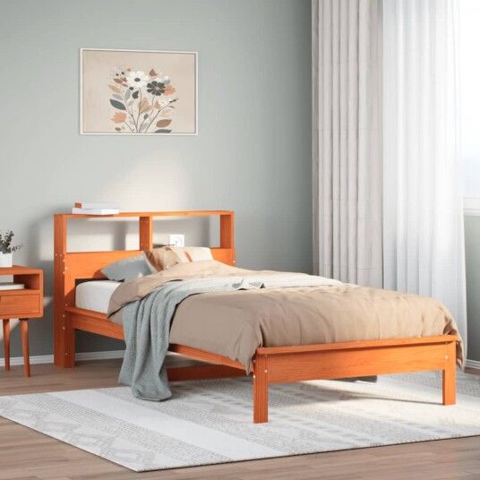  Seng med bokhylle uten madrass voksbrun 100x200 cm heltre furu 8721158397324