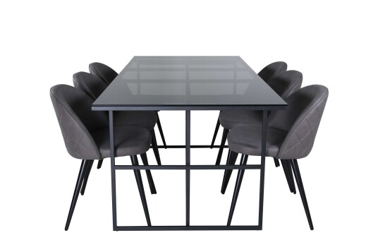 Venture Design Leif & Velvet spisegruppe Grå/svart 6 stoler & bord 200 x 90 cm