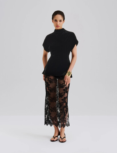 Malina Otilia Draped Half Polo Velvet Top - Black - 36