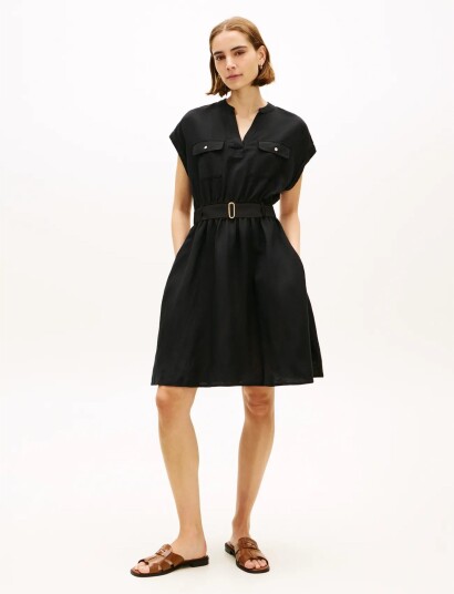 Tommy Hilfiger Vis/Linen Belted Knee Ss Dress Black S