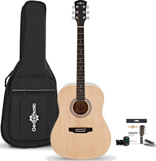 Gear4Music Dreadnought Akustisk Gitar Natur med Tilbehørspakke