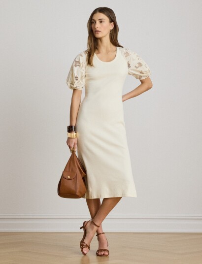 Lauren Ralph Lauren Rib Knit Cotton Eyelet Puff Sleeve Dress Cream S Lauren Ralph Lauren Rib Knit Cotton Eyelet Puff Sleeve Dress Cream S