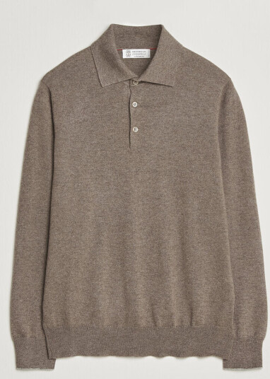 Brunello Cucinelli 2 Ply Cashmere Long Sleeve Polo Brown