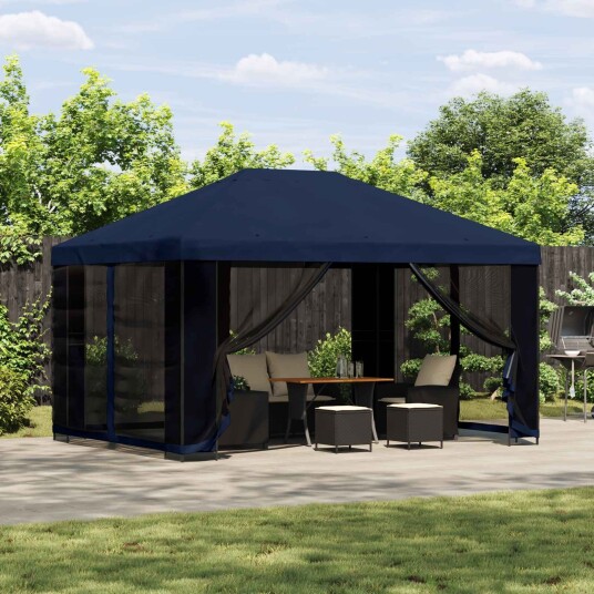 vidaXL Hagepaviljong med sidevegger 4 × 3 m Blå Polyester og stål