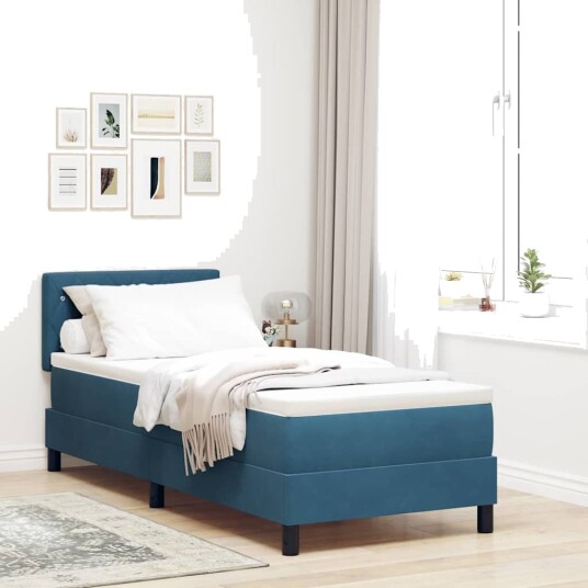 Box Spring Seng med Madrass & LED Mørk Blå 80x200 cm Fløyel