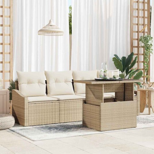 5-delt hagesofaset med puter i beige poly rattan