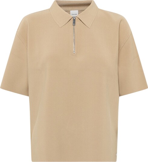 Calvin Klein Ss Tailored Knit Collar Zip Top Brown L