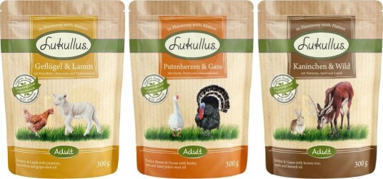 Lukullus Våtfôr Porsjonsposer Pakke 2 Fjærkre & + Kanin & Vilt + Kalkunhjerter & Gås Lam 24 X 300 G