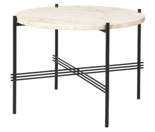Gubi TS Round sidebord Natural white travertine, Ø 55 cm, sort stativ