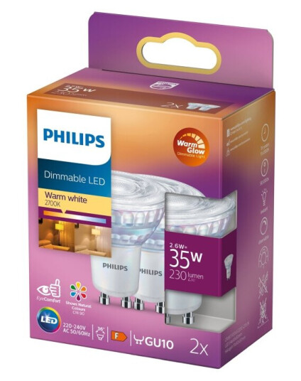 Philips Led-Pære For Søkelys Gu10 2.6 W Ekvivalent 35 Klasse F Varmt Hvitt Lys 2200-2700 K En Pakke 2 Philips Led-Pære For Søkelys Gu10 2.6 W Ekvivalent 35 Klasse F Varmt Hvitt Lys 2200-2700 K En Pakke 2