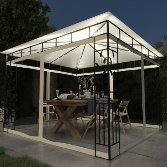 vidaXL Paviljong med myggnett og LED-lysslynge 3x3x2,73 m kremhvit vidaXL Paviljong med myggnett og LED-lysslynge 3x3x2,73 m kremhvit