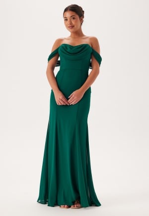 Goddiva Chiffon Off Shoulder Maxi Dress Dark Green XXL UK18