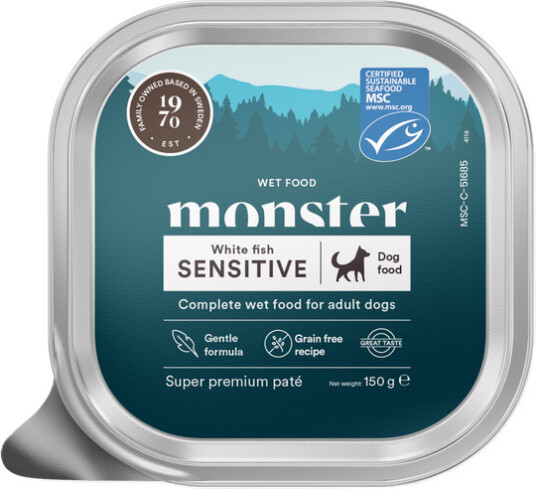 Monster Dog Kornfri Våtfôr med Hvit Fisk for Voksne Hunder 150 g