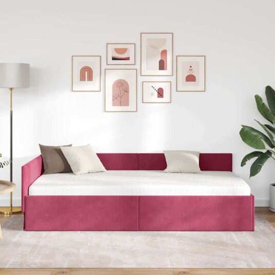 Hjørnesengramme Vinrød 90 x 190 cm Fløyel og konstruert tre Hjørnesengramme Vinrød 90 x 190 cm Fløyel og konstruert tre