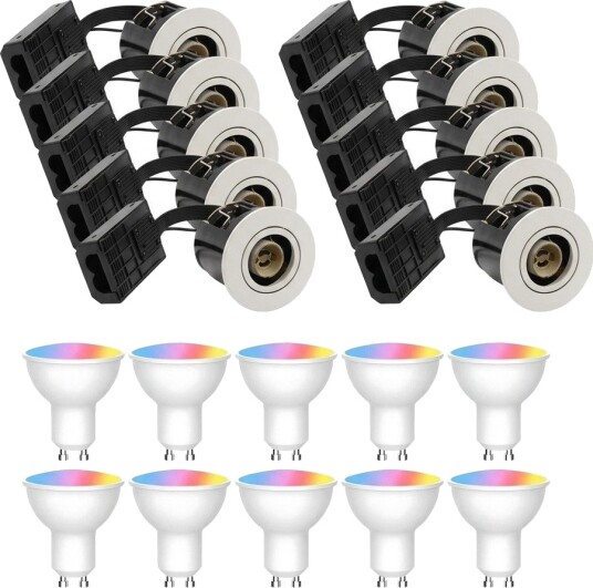 10 stk. Wifi downlight Inno88 Inkl. Smart home GU10 pærer hvit IP44 godkjent i isolasjon Dimbar : Via Smart Home Kulør : RGB + CCT Varm til Kald Hvit 10 stk. Wifi downlight Inno88 Inkl. Smart home GU10 pærer hvit IP44 godkjent i isolasjon Dimbar : Via Smart Home Kulør : RGB + CCT Varm til Kald Hvit