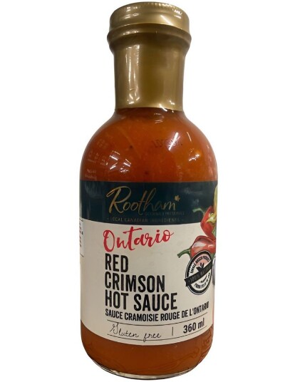 Rootham"s Gourmet Ontario Red Crimson Hot Sauce Medium Sterk Søtlig Chilisaus med Sriracha 360 ml Canada Rootham"s Gourmet Ontario Red Crimson Hot Sauce Medium Sterk Søtlig Chilisaus med Sriracha 360 ml Canada