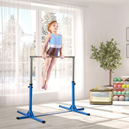 Høy stang høydejusterbar gymnastikkstang 13 nivåer lastbar opptil 75 kg laget av stål og bøketre i blått for gymnastikk og t
