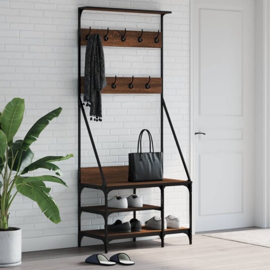 Klesstativ med skooppbevaring brun eik 80x40x184 cm 8721012196483 Klesstativ med skooppbevaring brun eik 80x40x184 cm 8721012196483