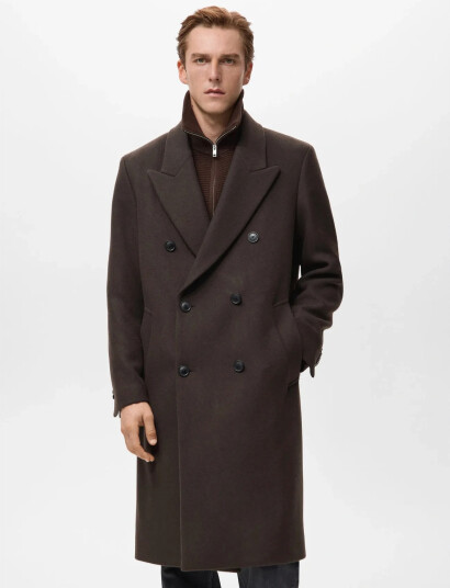 Mango Relaxed Fit Double Breasted Wool Coat Brown XL Mango Relaxed Fit Double Breasted Wool Coat Brown XL