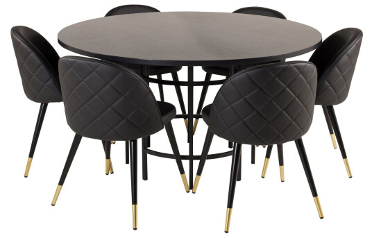 Venture Home Copenhagen Spisegruppe 140 cm Rund med 6 Velvet Stoler Sort/Guld