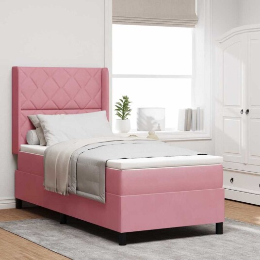 LED Bokspring Seng med Madrass Rosa 100 x 200 cm Fløyel