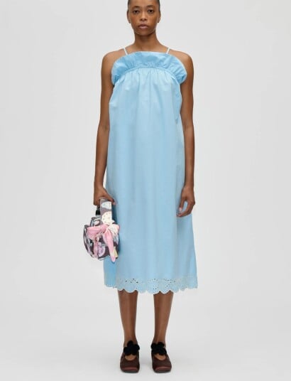 STINE GOYA Light Cotton Scalloped Strap Midi Dress   Blue   XL
