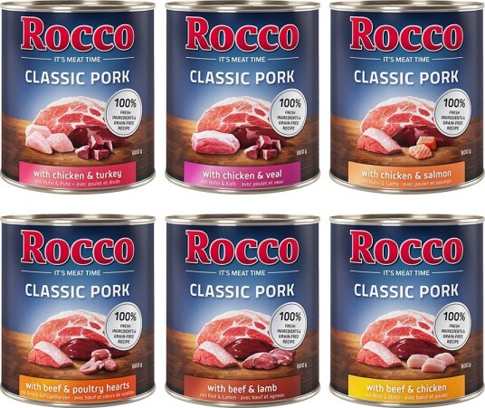 Rocco Våtfôr Classic Pork Mix & & Kalv & Fjærkrehjerter & Laks & Kylling Kalkun Lam Storfe 6 X 800 G