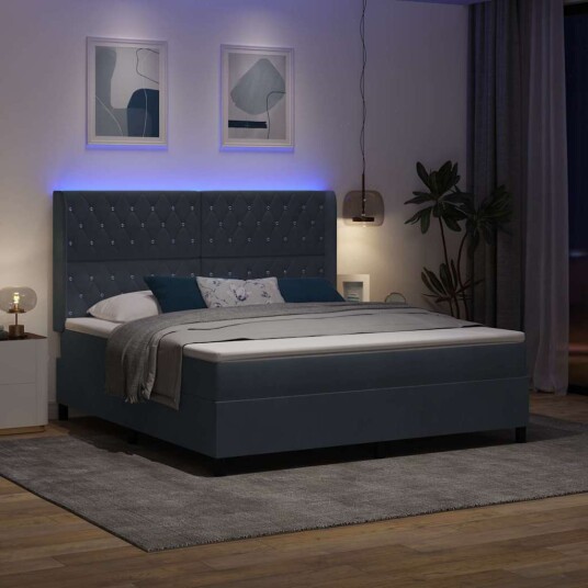  Box Spring Seng med Madrass & LED Mørkegrå 180x200 cm Fløyel