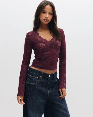 Only - Rød - Onlnikka L/S Lace Top Jrs Noos